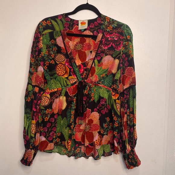 Farm Rio Floral Boho Blouse size M Multicolor Peasant Top w/ Tassel Tie - Picture 1 of 9